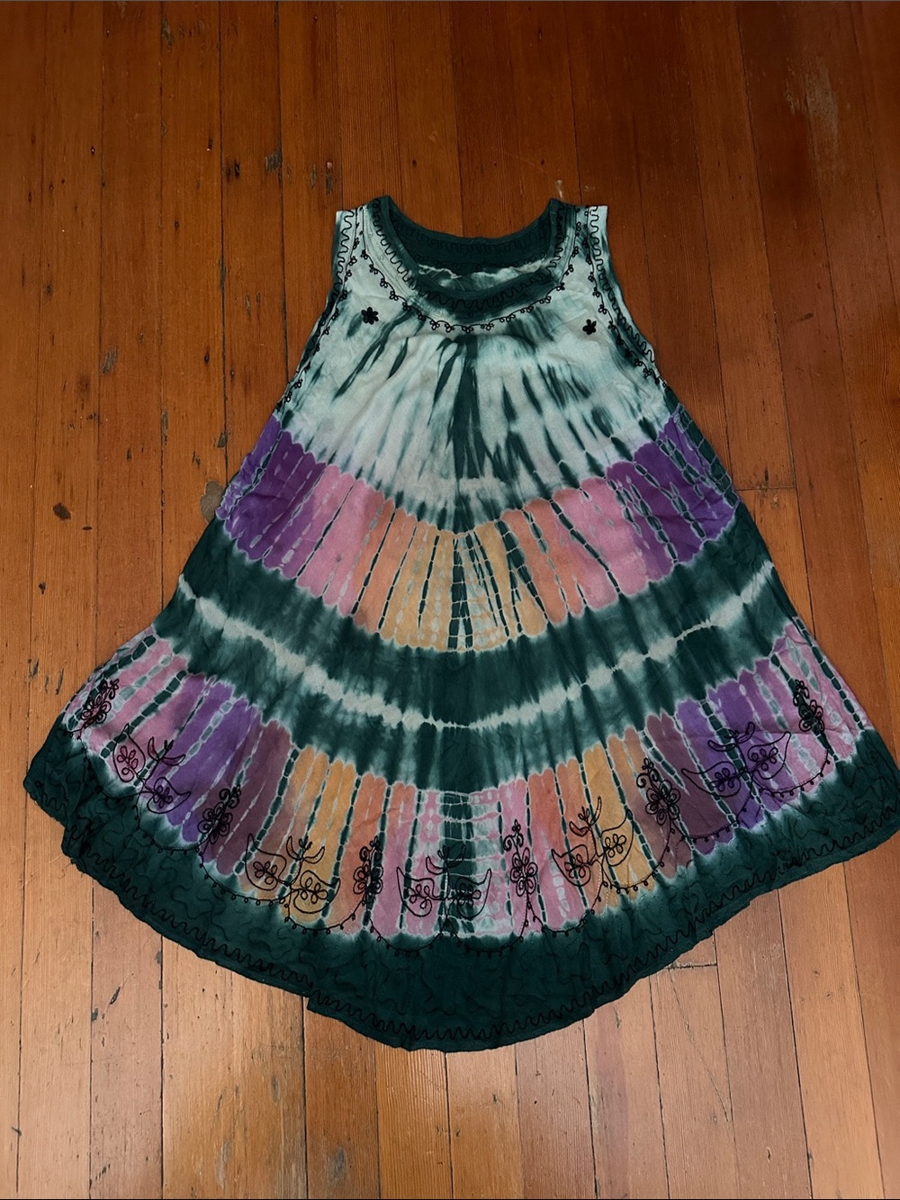 Multi Color Tie-Dye Embroidered Umbrella Dress Bohemian Sleeveless Sundress